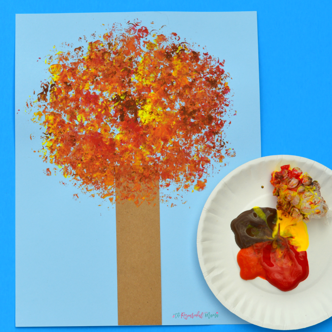 Kids will love trading in their paintbrushes and use bubble wrap to paint the leaves on this fall tree kid craft.