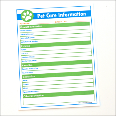 Pet Care Information Printable for Pet Sitters