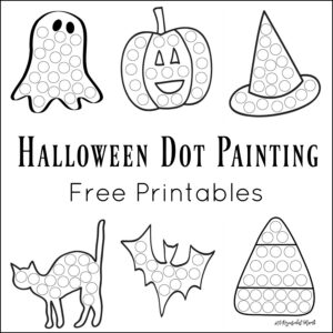 These Halloween Dot Painting worksheets are a fun mess free painting activity for young kids that work on hand-eye coordination and fine motor skills. Grab your free printable now! Toddlers and preschoolers love them. They work great with Do a Dot Markers.