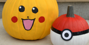 No-carve Poke Ball and Pikachu Pokemon Pumpkins for Halloween.