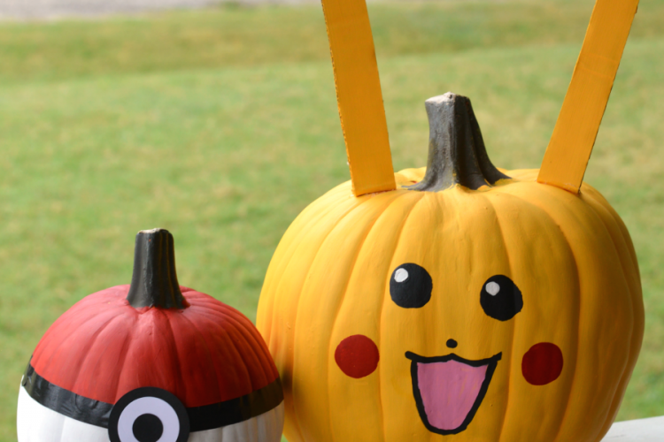 No-carve Poke Ball and Pikachu Pokemon Pumpkins for Halloween.