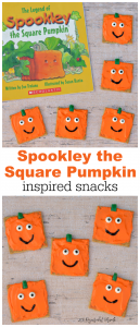 These super simple and yummy pumpkin snacks are inspired by The Legend of Spookley the Square Pumpkin. They make a great Halloween and fall themed snack.