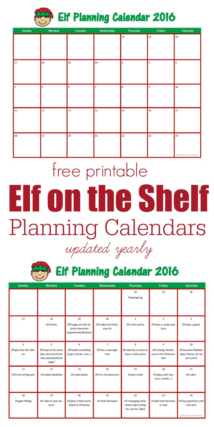 Free printable Elf on the Shelf planning calendars. Blank calendar for you to complete or calendar already filled in with great ideas for your elf. Updated yearly.