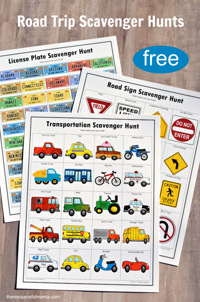 Free printable road trip scavenger hunts for kids includes a road sign scavenger hunt, license plate scavenger hunt, and transportation scavenger hunt.