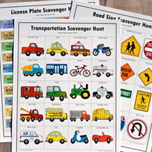 Free printable road trip scavenger hunts for kids includes a road sign scavenger hunt, license plate scavenger hunt, and transportation scavenger hunt.