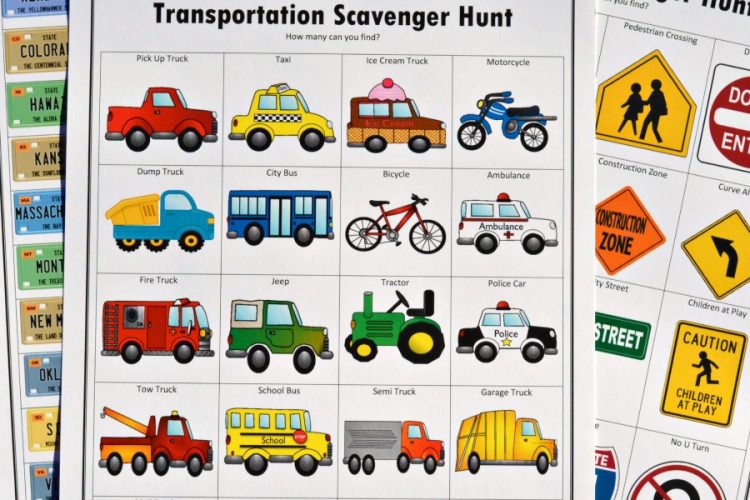 Free printable road trip scavenger hunts for kids includes a road sign scavenger hunt, license plate scavenger hunt, and transportation scavenger hunt.