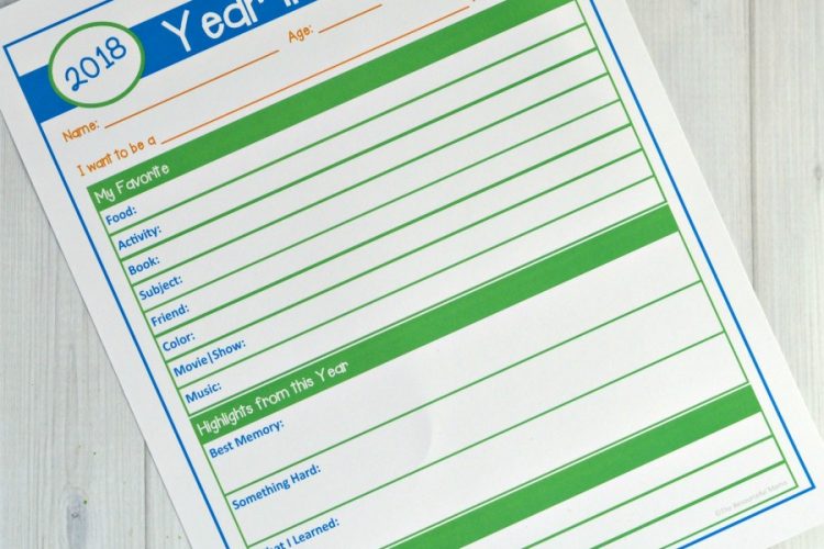 Start a new tradition this New Year's and have your child complete this free printable Year in Review questionnaire. They record their favorites, highlights, and goals. New Year's Eve activity for kids