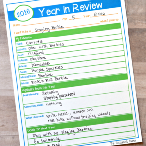 Start a new tradition this New Year's and have your child complete this free printable Year in Review questionnaire. They record their favorites, highlights, and goals. New Year's Eve activity for kids