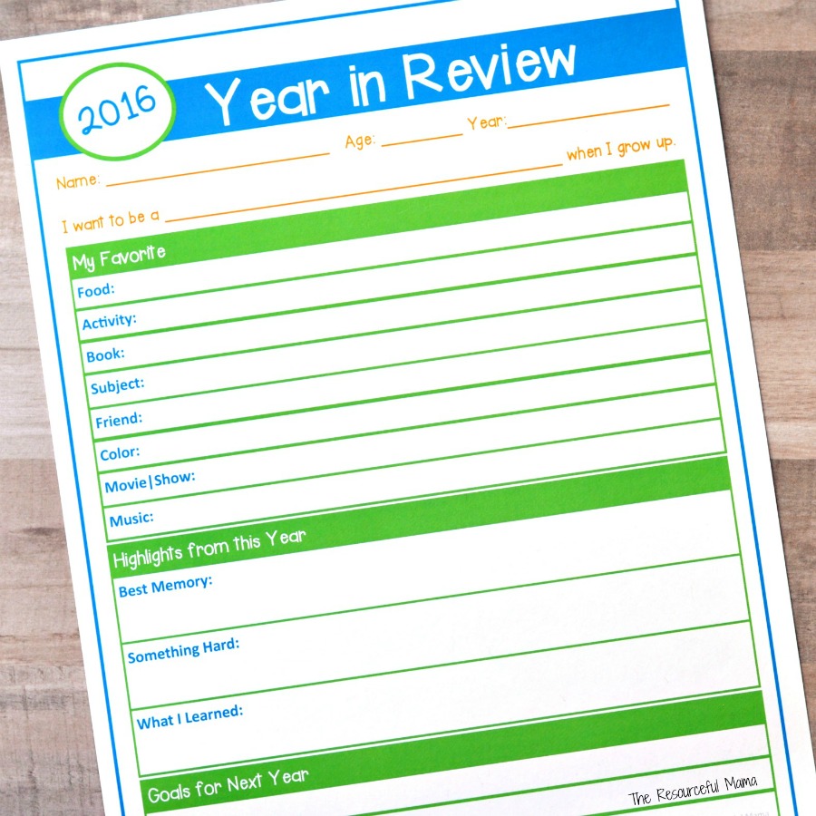 Start a new tradition this New Year's and have your child complete this free printable Year in Review questionnaire. They record their favorites, highlights, and goals. New Year's Eve activity for kids