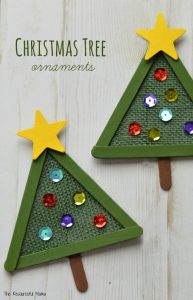 This Christmas Tree Ornament combines burlap, craft sticks and few other craft items in a lovely ornament for your Christmas tree.