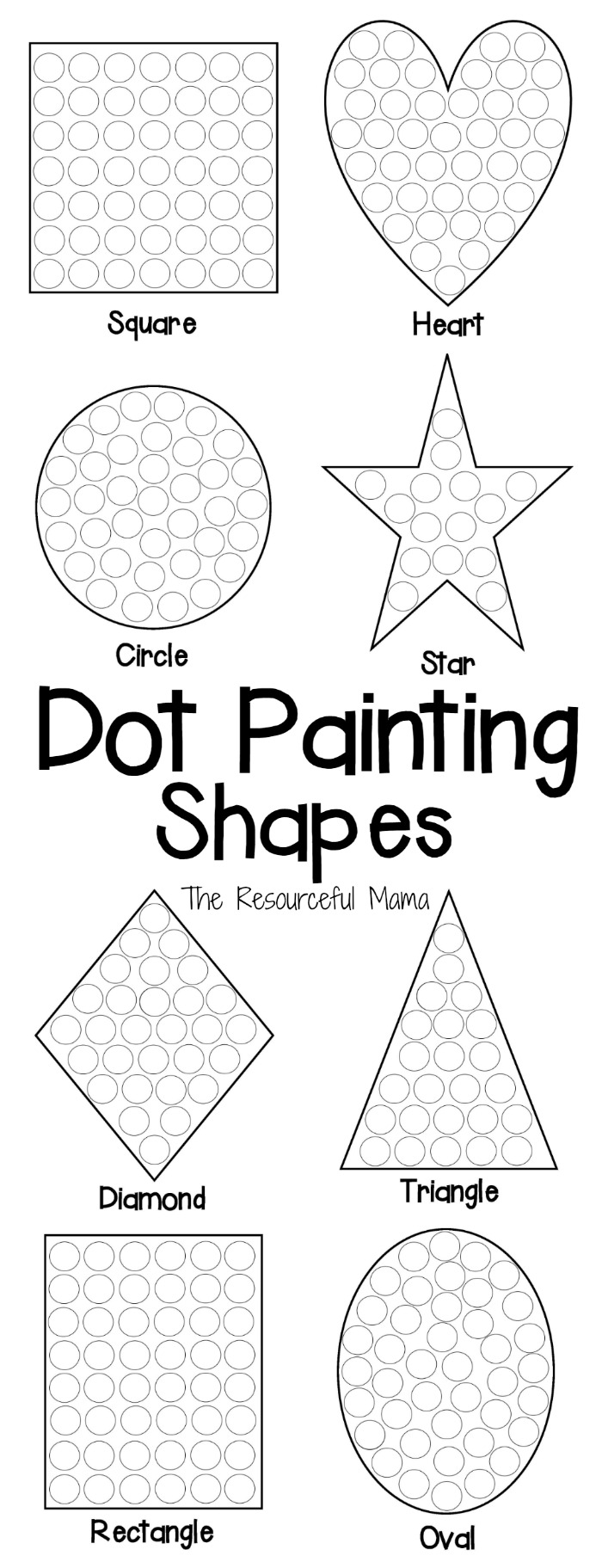 These shapes dot painting worksheets offer kids a fun hands on way to learn their shapes while working on fine motor skills and hand-eye coordination. free printable | do a dot markers | bingo markers | dot markers | daubers