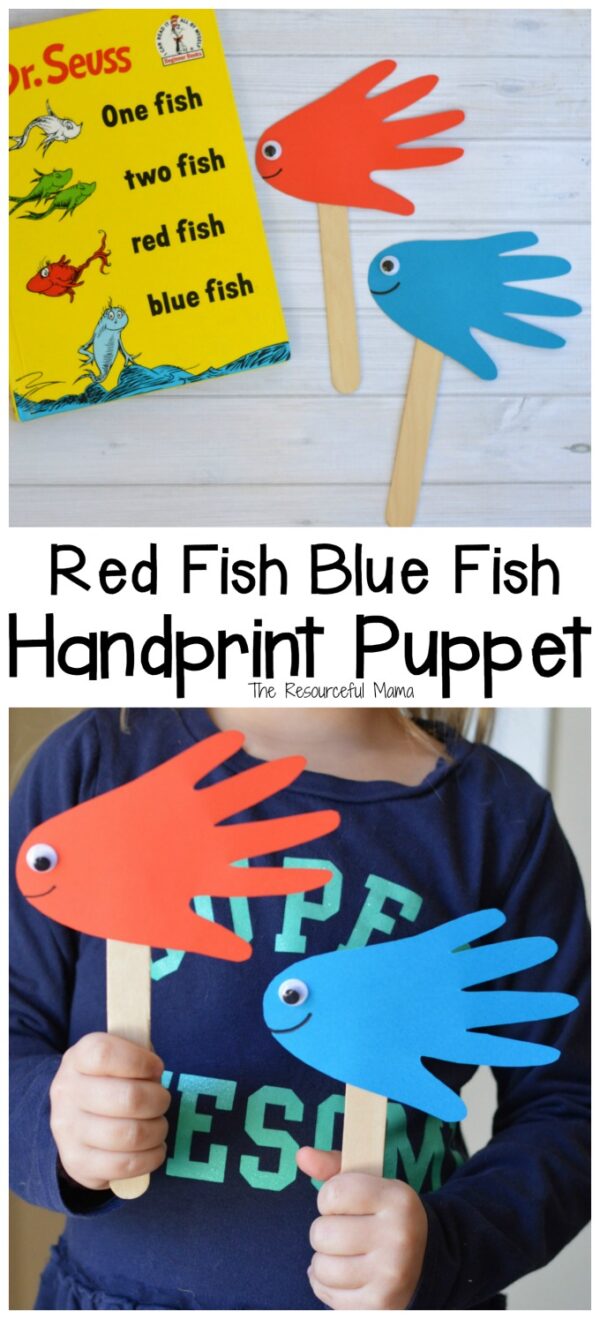 Red Fish Blue Fish Handprint Puppets - The Resourceful Mama