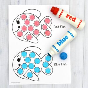 This dot marker printable pairs great with the classic Dr. Seuss book "One Fish Two Fish Red Fish Blue Fish. Use do a dot markers, bingo daubers, pom poms, or dot stickers.