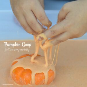 Playing with Pumpkin Goop (a.k.a. Oobleck) is a fun, tactile fall sensory activity that your children are sure to love.