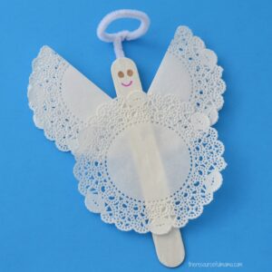 Turn paper dollies and a craft stick into a cute angel ornament the kids can make for the Christmas tree.
