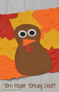 This Torn Paper Turkey Craft is a great Thanksgiving craft that uses basic craft supplies of paper and glue while working on fine motor skills.