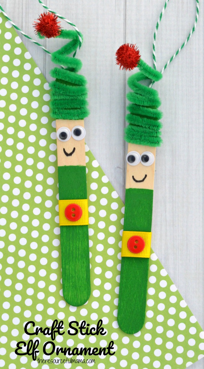 Kids will love creating this fun craft stick elf ornament from a craft stick and pipe cleaner to hang on the Christmas tree.