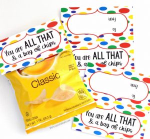 Chips and "You Are All That & a Bag of Chips" cards make are simple, quick, inexpensive, and kid approved Valentines for older kids. 