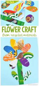 This simple and colorful recycled materials flower craft is a great way for kids to celebrate recycling by turning discarded items into art.