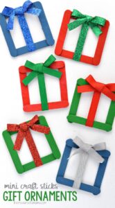 Turn your mini craft sticks into adorable little Christmas gifts ornaments for your Christmas tree.